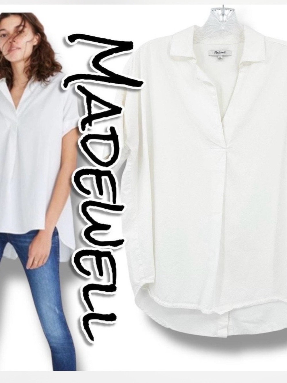 Madewell White Relaxed V-Neck Tunic Shirt